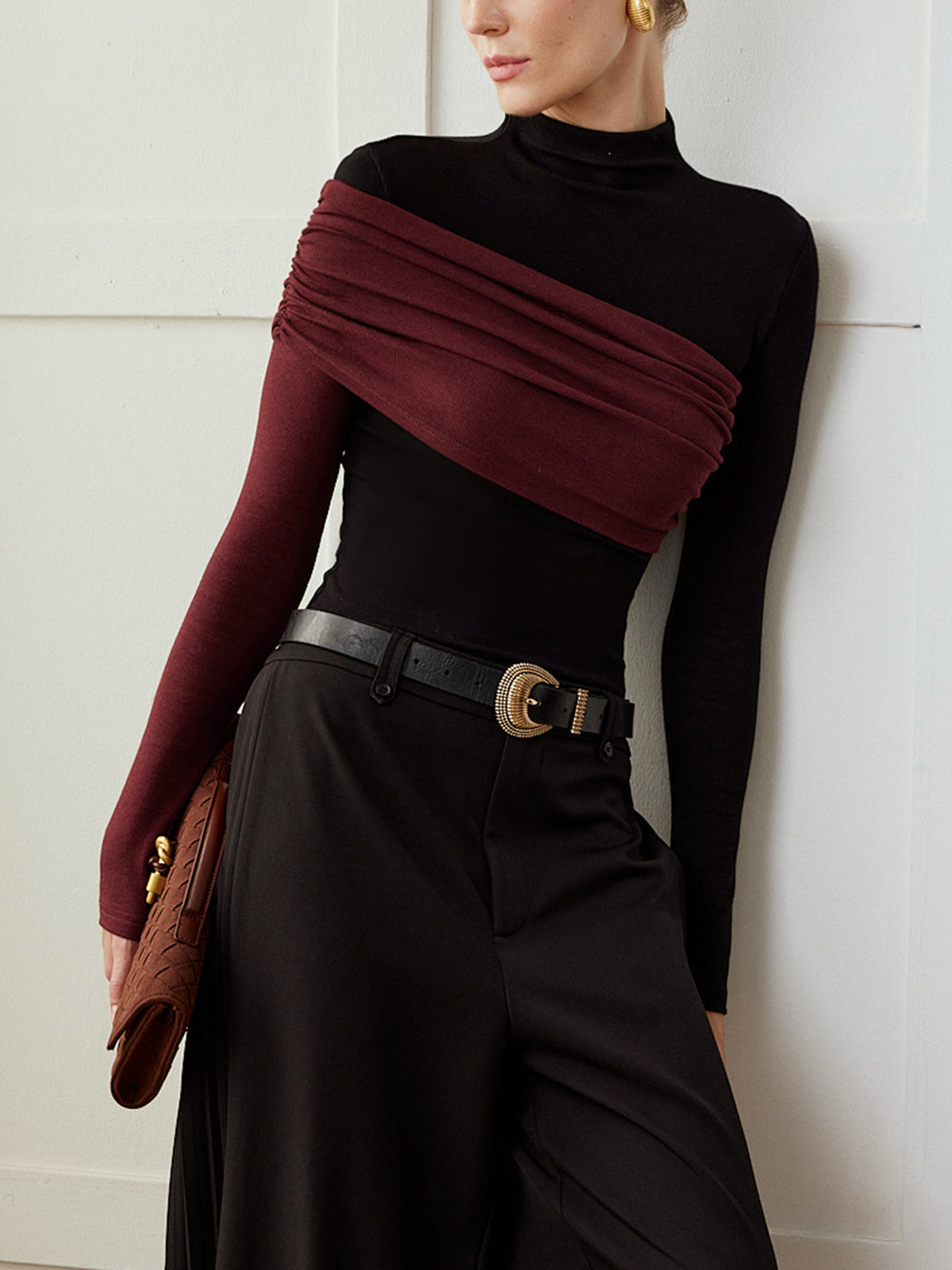 Top Ajustado de Jersey Plisado con Bloques de Color