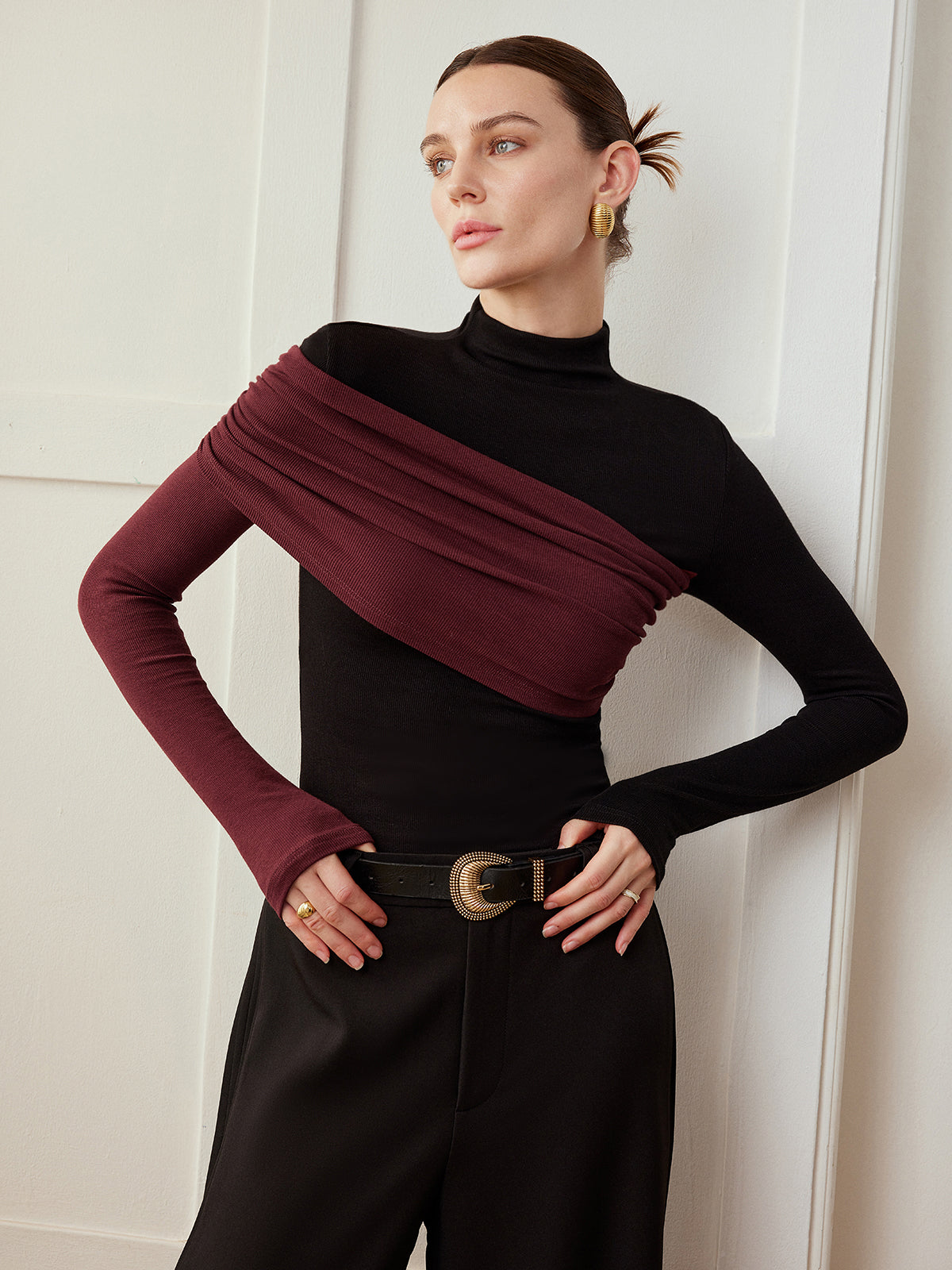 Top Ajustado de Jersey Plisado con Bloques de Color