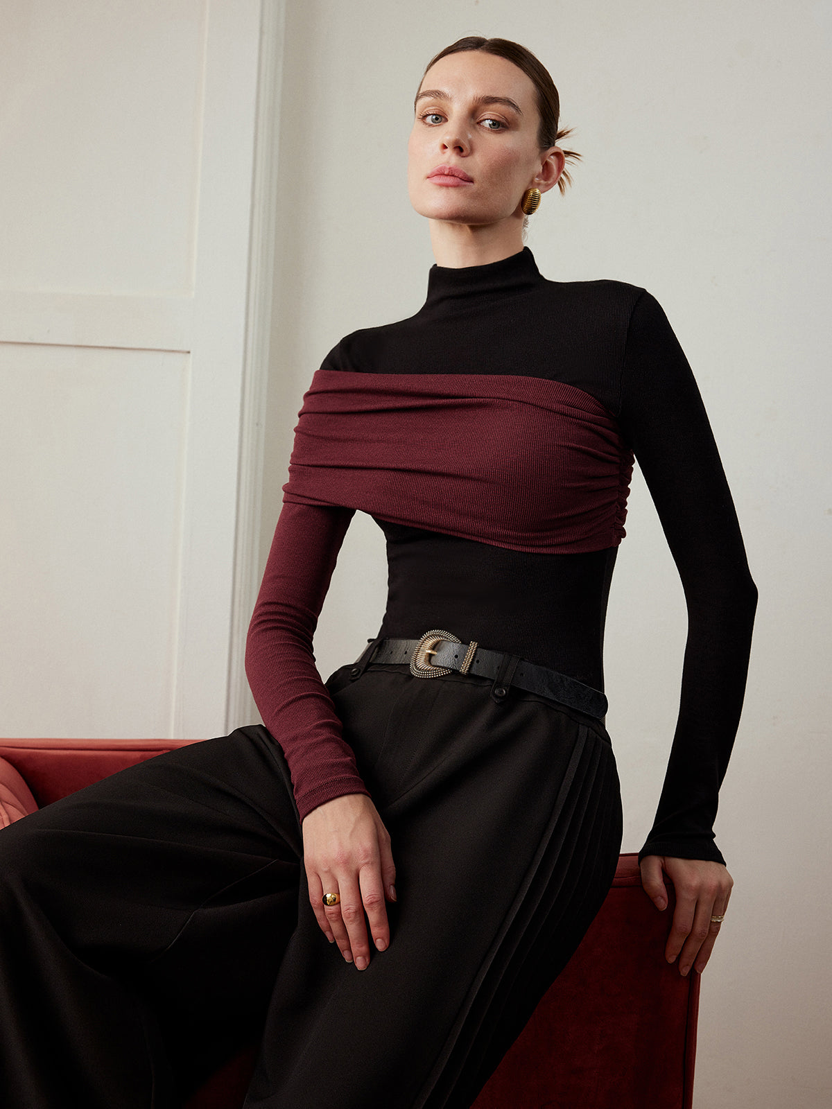 Top Ajustado de Jersey Plisado con Bloques de Color