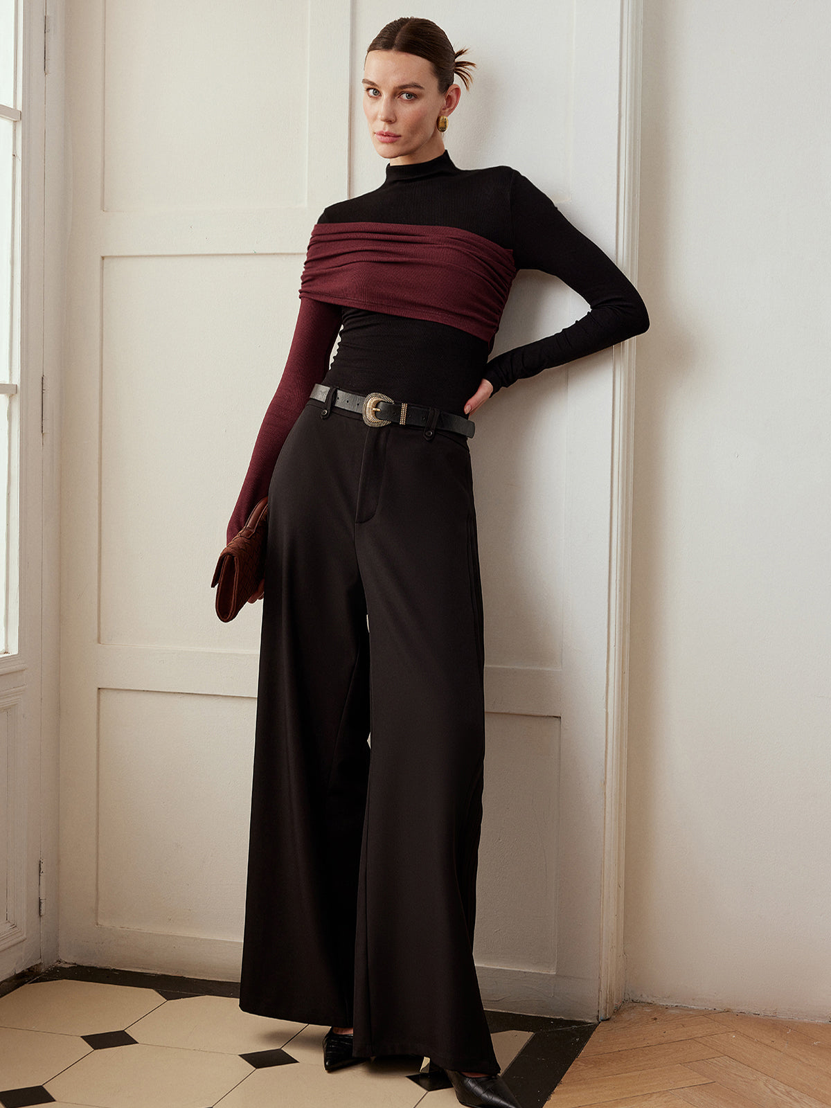 Top Ajustado de Jersey Plisado con Bloques de Color