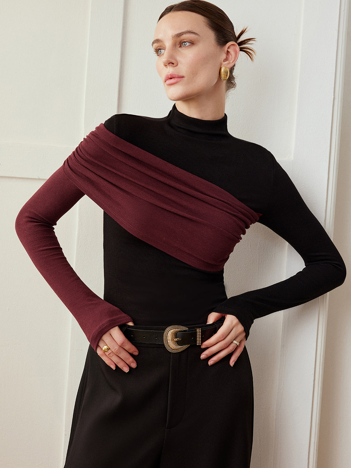 Top Ajustado de Jersey Plisado con Bloques de Color