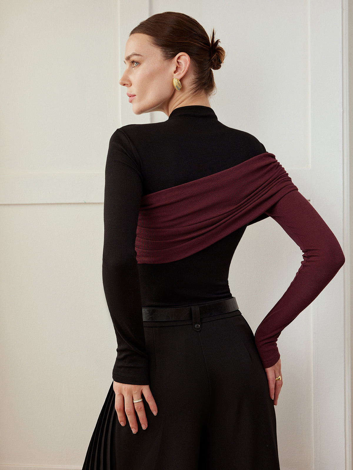 Top Ajustado de Jersey Plisado con Bloques de Color