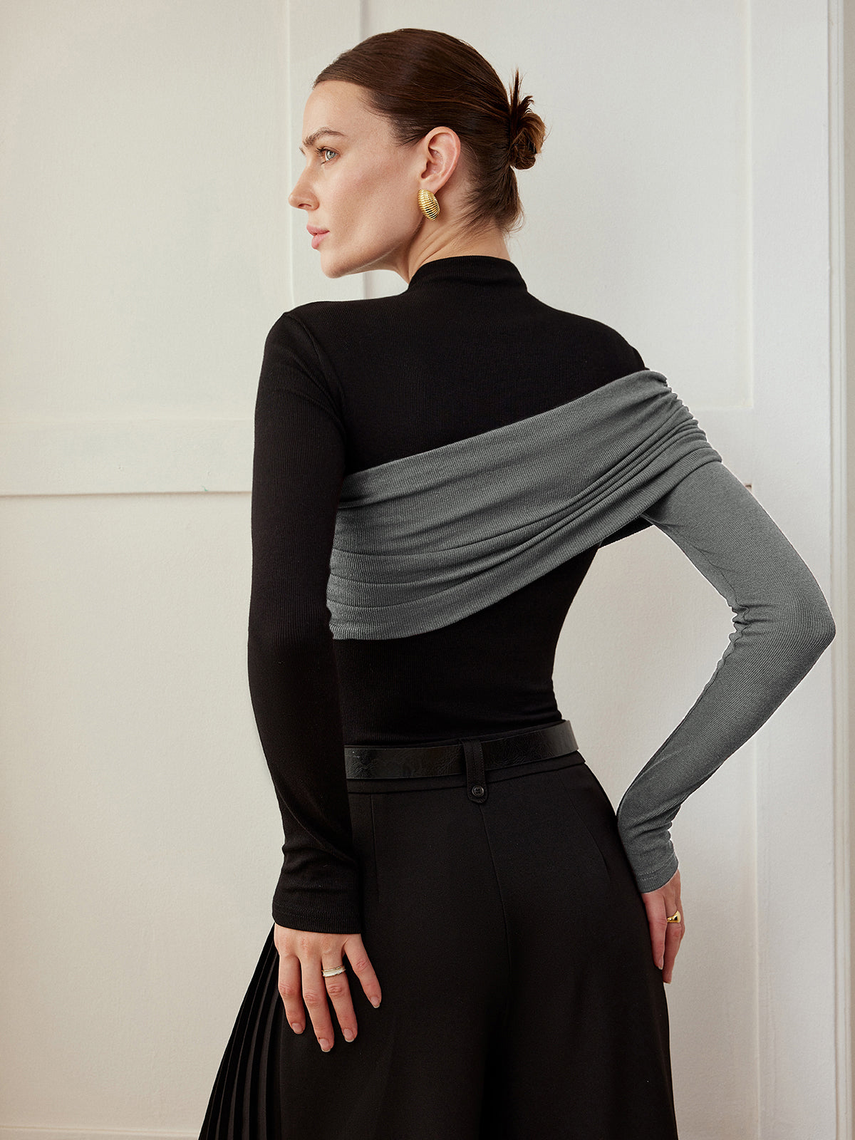 Top Ajustado de Jersey Plisado con Bloques de Color