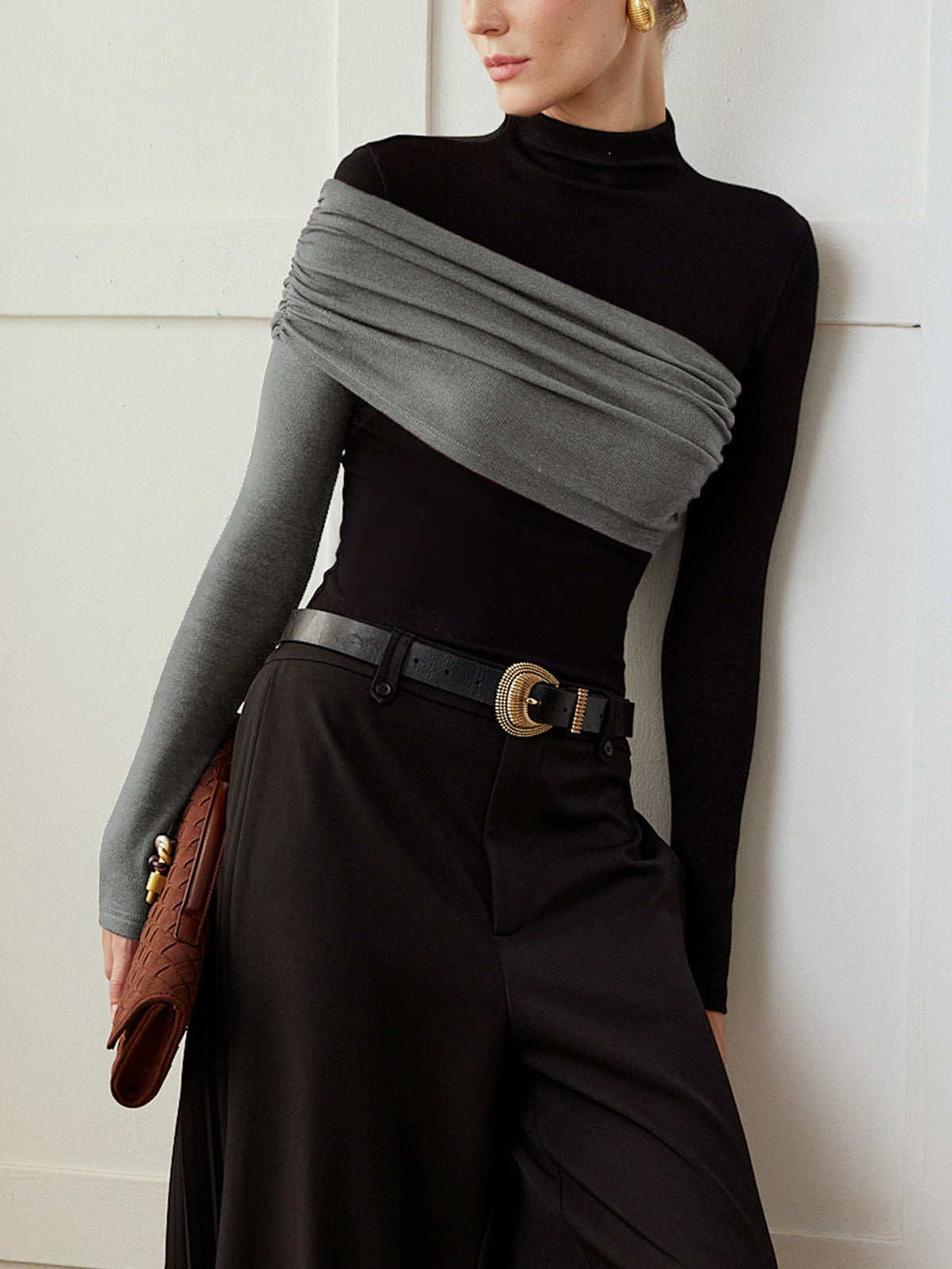 Top Ajustado de Jersey Plisado con Bloques de Color