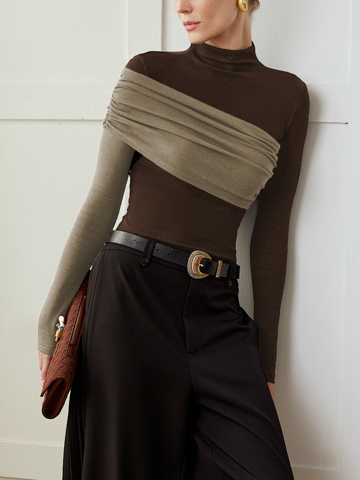 Top Ajustado de Jersey Plisado con Bloques de Color