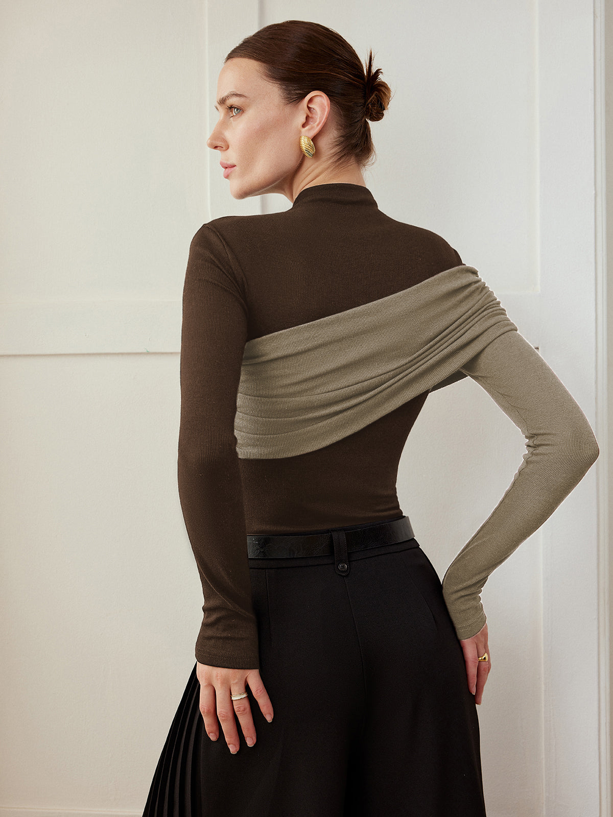 Top Ajustado de Jersey Plisado con Bloques de Color