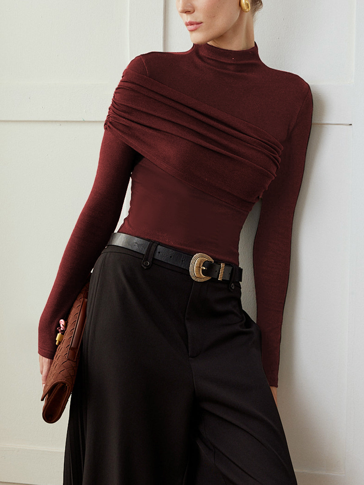 Top Ajustado de Jersey Plisado con Bloques de Color