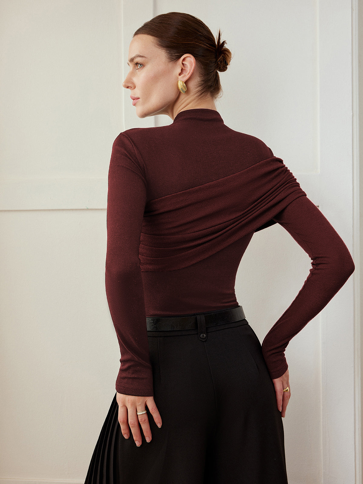 Top Ajustado de Jersey Plisado con Bloques de Color