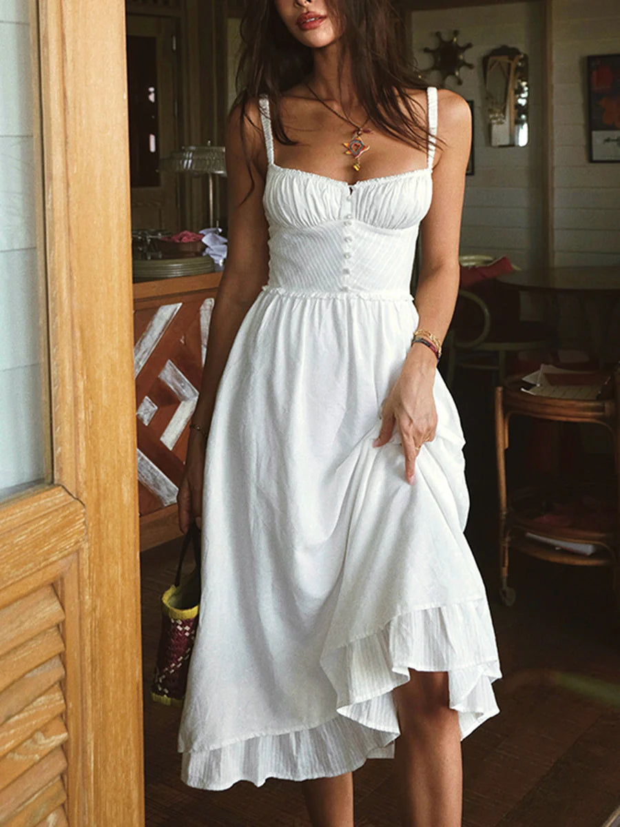 Vestido Midi Liso con Tirantes y Bajo con Volantes