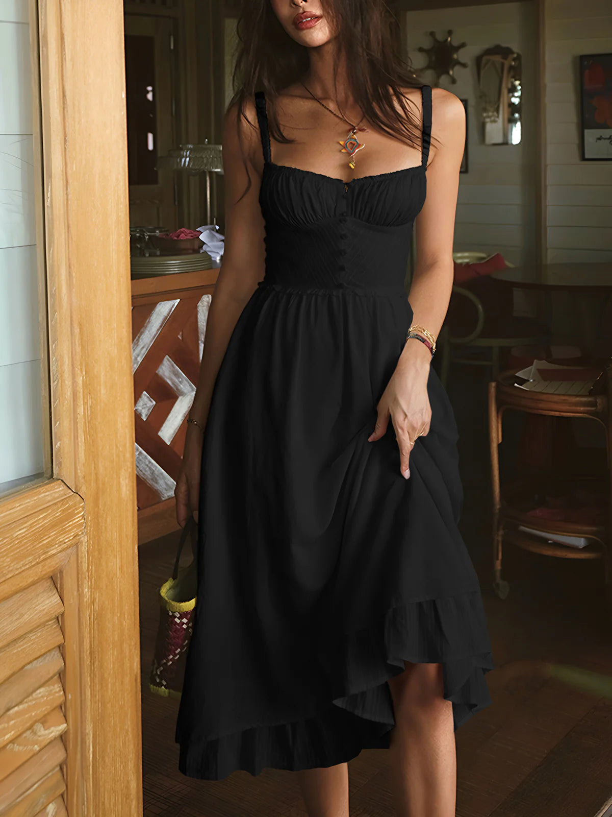 Vestido Midi Liso con Tirantes y Bajo con Volantes